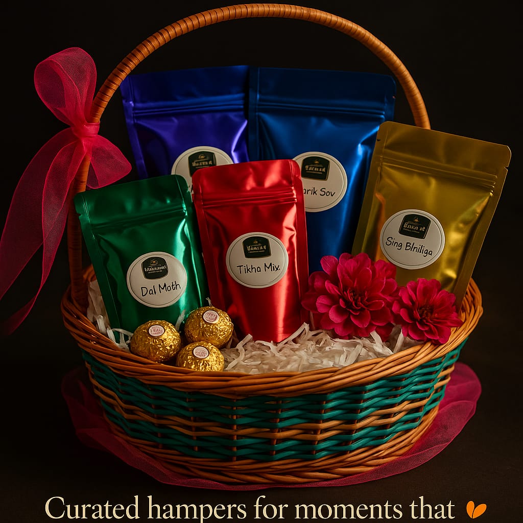 New Keshav Ratlami Namkeen & Ferrero Rocher Curated Hamper | 4 Premium Ratlami Dal Moth, Tikha Mix, Sev, Sing Bhujia Basket