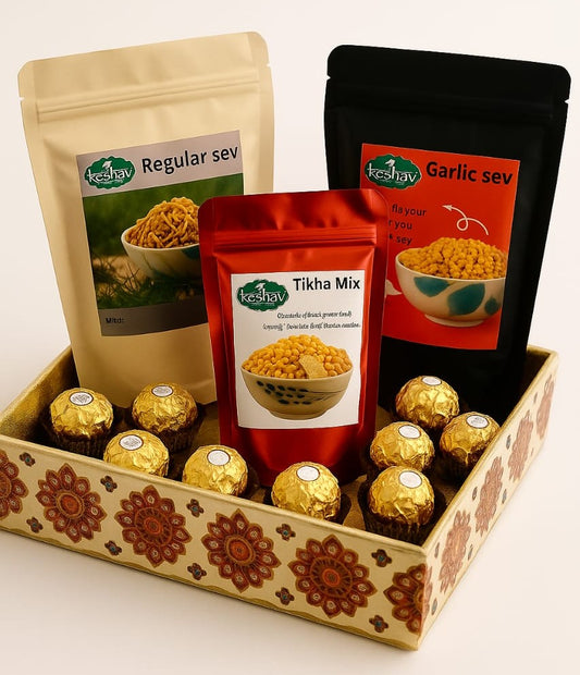 Keshav Ratlami Namkeen Deluxe Gift Tray | 3 Premium Ratlami Regular Sev, Garlic Sev, Tikha Mix & 9 Ferrero Rocher Chocolates