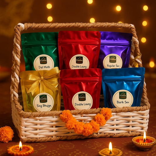 New Keshav Ratlami Namkeen Grand Festive Hamper | 6 Assorted Snack Pouches | Dal Moth, Double Laung, Regular Sev, Sing Bhujia Gift Basket