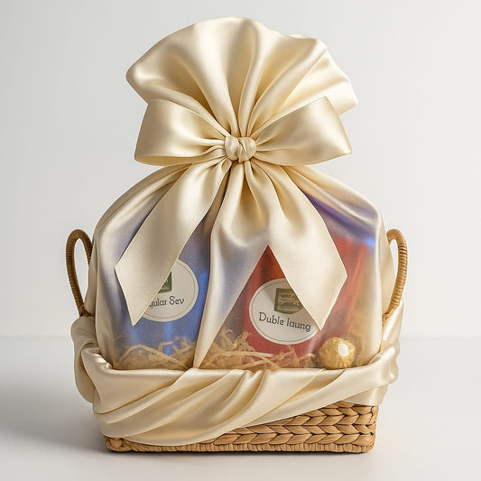 Elegant New Keshav Ratlami Namkeen & Chocolate Hamper | Premium Regular Sev, Double Laung Namkeen in Satin Wrapped Gift Basket