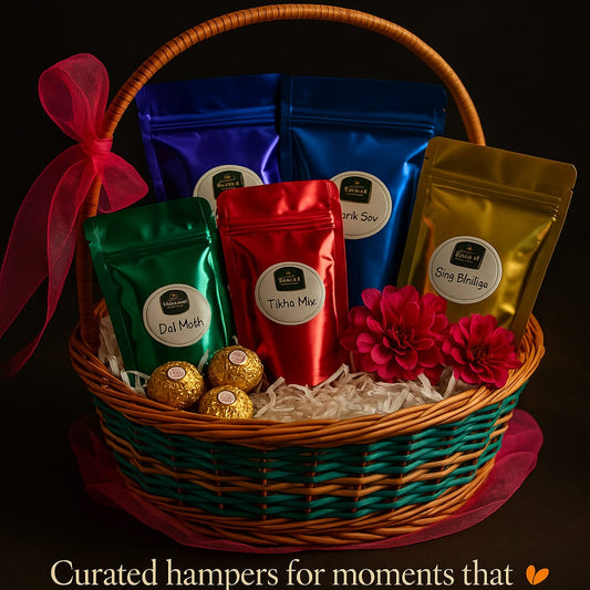New Keshav Ratlami Namkeen & Ferrero Rocher Curated Hamper | 4 Premium Ratlami Dal Moth, Tikha Mix, Sev, Sing Bhujia Basket