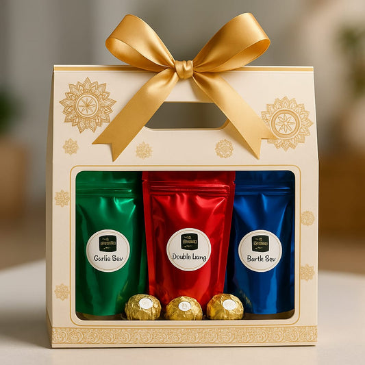 New Keshav Ratlami Namkeen Festive Snack & Chocolate Gift Box | Garlic Sev, Double Laung, Barik Sev & Ferrero Rocher