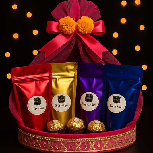 New Keshav Ratlami Namkeen & Ferrero Rocher Gift Box | 4 Premium Ratlami Tikha Mix, Sing Bhujia, Sev Assortment