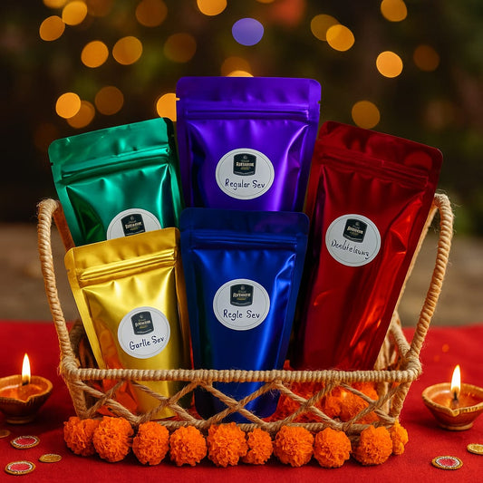New Keshav Ratlami Namkeen Festive Gift Basket | 5 Assorted Premium Ratlami Sev, Garlic Sev, Double Laung Namkeen Hamper