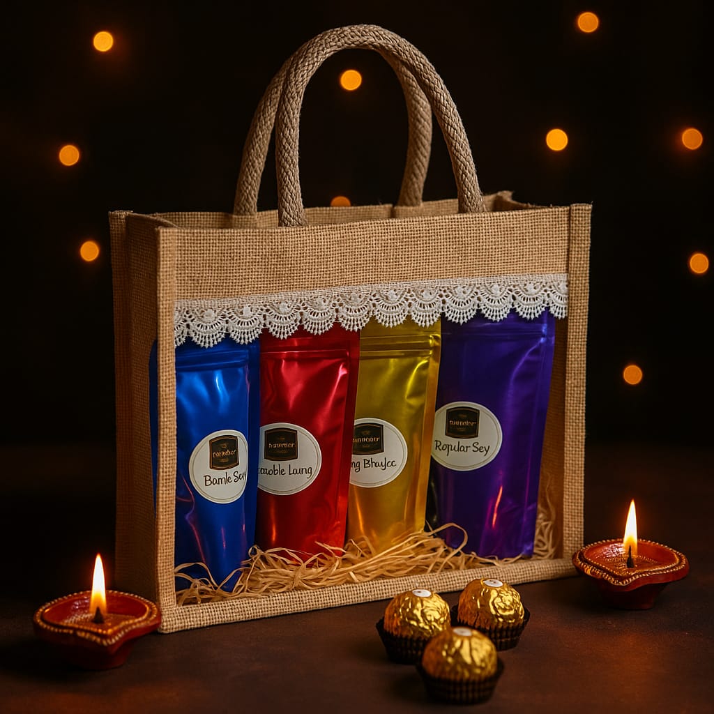 New Keshav Ratlami Namkeen Rustic Chic Hamper | Jute Bag Gift Set with 4 Ratlami Barik Sev, Double Laung, Sing Bhujia & Ferrero Rocher