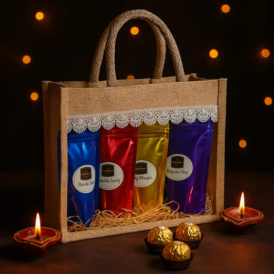 New Keshav Ratlami Namkeen Rustic Chic Hamper | Jute Bag Gift Set with 4 Ratlami Barik Sev, Double Laung, Sing Bhujia & Ferrero Rocher